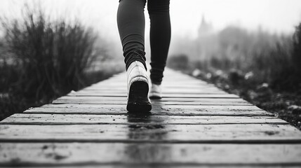 Poster - Person walking on a wooden pathway through a misty landscape showcasing nature and tranquility : Generative AI