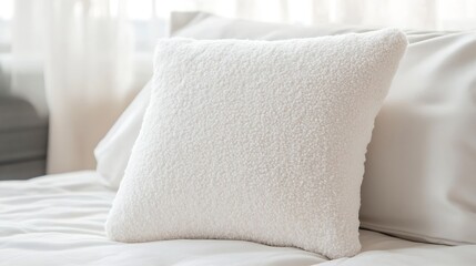 Canvas Print - Soft and Cozy White Pillow Resting on a Comfortable Bed in a Serene Room : Generative AI