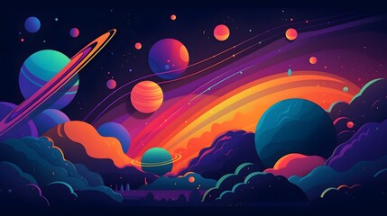 Poster - vibrant cosmic landscape, colorful planets and waves in a dreamy galaxy, perfect for sci-fi themes a