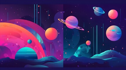 Poster - colorful cosmic scene, vibrant planets in a surreal galaxy, ideal for sci-fi themes or imaginative d
