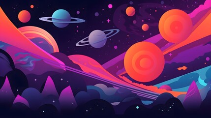Poster - Vibrant cosmic landscape, abstract digital art featuring colorful planets and waves, ideal for science fiction themes.