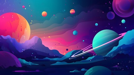 Poster - vibrant cosmic landscape, colorful planets and stars against a surreal galaxy, ideal for sci-fi them