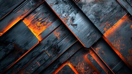 Wall Mural - A black and orange abstract background with textured, metallic geometric shapes.