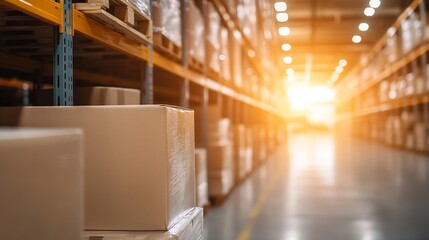 Leinwandbilder - Warehouse interior with stacked cardboard boxes and bright natural lighting : Generative AI