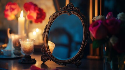 Poster - A beautiful vanity mirror with an ornate frame, reflecting a warm candlelit ambiance