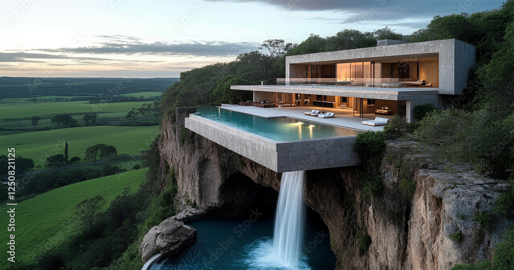 Stunning Cliffside Villa with Infinity Pool and Waterfall Stock Photo ...