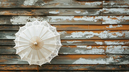 Poster - A charming lace parasol placed against a distressed wooden backdrop