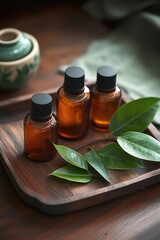 Poster - Three glass bottles of essential oils sit on a wooden tray