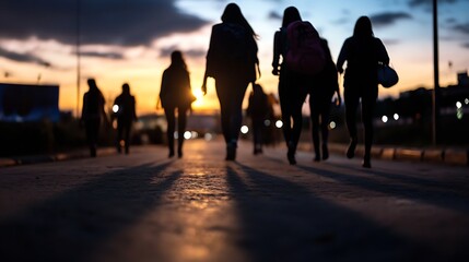 Poster - Silhouetted Figures of Women Walking Together at Sunset Creating Dramatic Shadows on Pavement : Generative AI