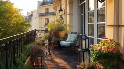 Poster - A charming balcony with wrought iron furniture, floral arrangements, and vintage lanterns