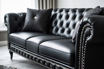 Poster - A black leather couch sits in a modern living room with neutral decor