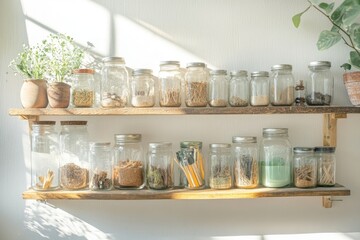 Poster - A collection of glass jars displayed on a shelf, perfect for use in kitchen or home decor scenes