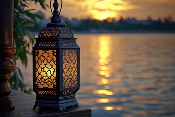Poster - A lantern sits on a wooden table near a calm body of water, perfect for use in scenes with peaceful evening atmospheres or serene lake settings