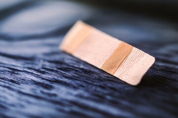 Aufkleber - A piece of adhesive tape sits on top of a wooden table, ready for use