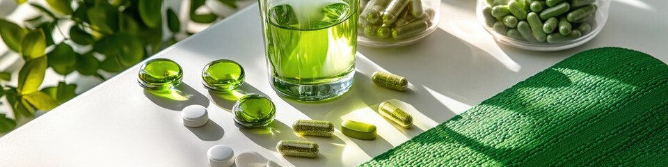 Poster - A simple still life scene featuring a green towel and a glass of water on a table