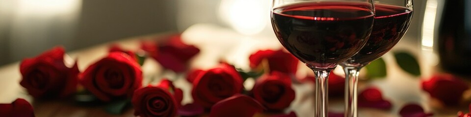 Aufkleber - A close-up shot of a glass of wine with fresh roses in the background