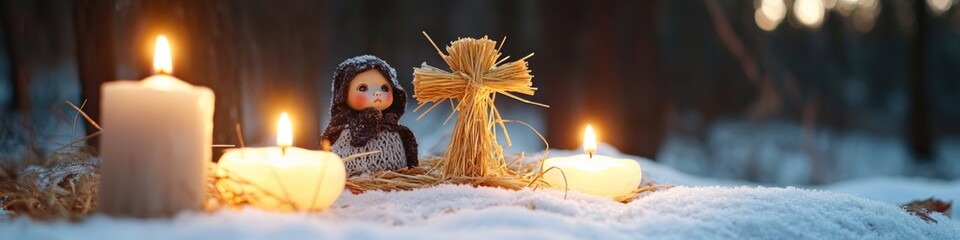Poster - A doll sits in the snow surrounded by candles, perfect for winter wonderland or holiday themed projects