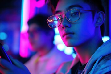 Aufkleber - A person wearing glasses examines their mobile device