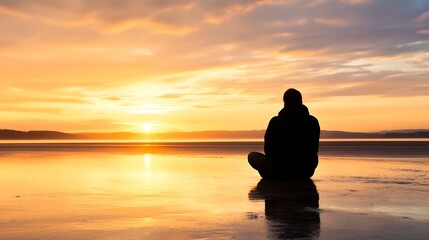 Poster - Silhouette of a Person Sitting on the Beach at Sunset Over Calm Water : Generative AI