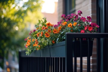 Poster - Colorful flowers in a window box on a balcony, perfect for spring or summer decoration