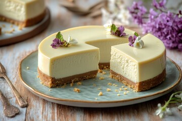 Poster - A slice of cheesecake on a plate with a bite taken out, perfect for editing into your next project