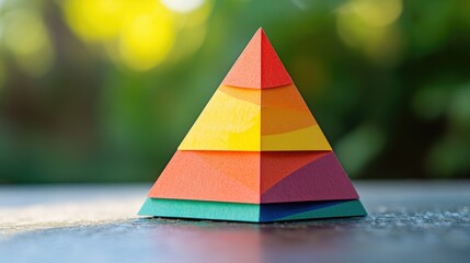 Poster - Stacked colorful paper pyramids on a table, perfect for creative inspiration or decorative purposes