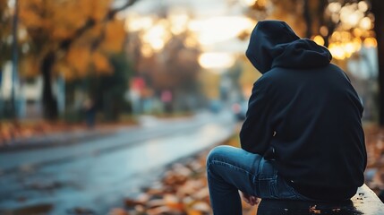 Aufkleber - Young man sitting alone on a bench with a blurred street background during a golden hour sunset : Generative AI