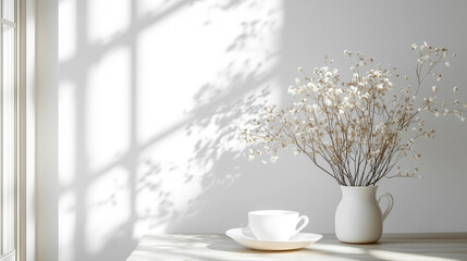 Leinwandbilder - Empty table background with plant and shadows with sunlight with white empty wall and cup