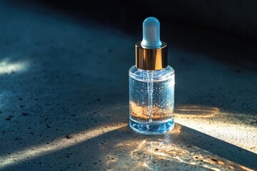 Poster - A clear glass bottle filled with liquid sits on a table, ready for use