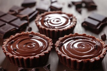 Poster - Freshly baked chocolate tarts on a table with extra chocolate pieces, perfect for dessert or snack