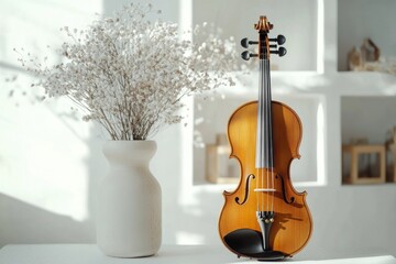 Poster - A solo violin sits next to a decorative vase on a table, perfect for music-themed or home decor images