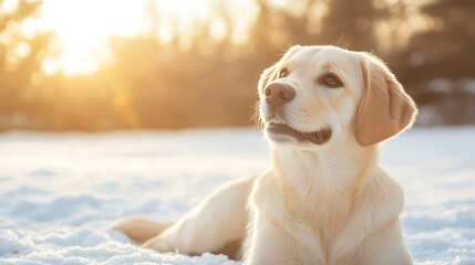 Poster - Happy golden retriever lounging in the snow during sunset with beautiful warm light behind them : Generative AI