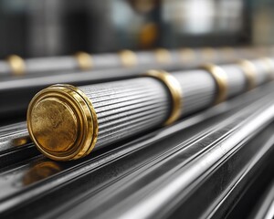 Poster - Metal tubes on conveyor belt in industrial setting