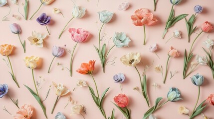 Sticker - Colorful array of spring flowers laid out on a soft pink background, showcasing pastel shades and delicate petals, perfect for spring themed designs