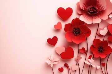 Poster - Pink background filled with paper flowers featuring hearts