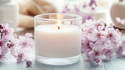 Poster - Delicate scented candle surrounded by pink flowers creating a serene and calming atmosphere : Generative AI