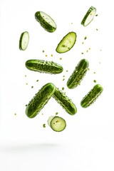 Poster - Sliced cucumbers floating in air, ideal for use in food photography or illustrations