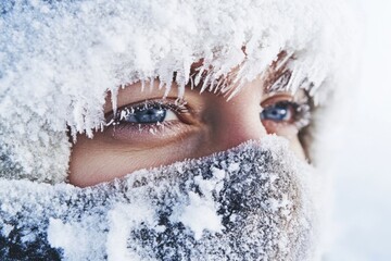 Poster - A close-up shot of a person's face covered in snow, ideal for winter-themed or cold-weather-related images