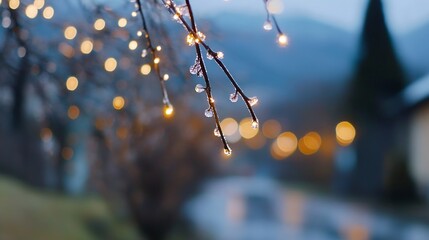 Aufkleber - Closeup of delicate twigs glistening with raindrops illuminated by warm decorative lights during a rainy evening : Generative AI