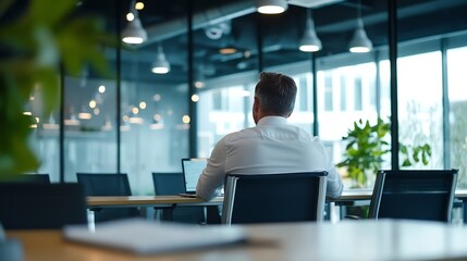 Poster - Business Professional Sitting in Modern Office Working on Laptop in a Bright and Clean Workspace : Generative AI