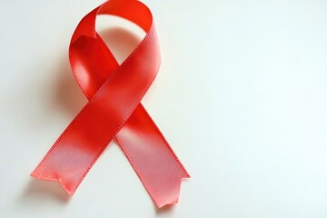 Poster - A single red ribbon lying flat on a clean white surface