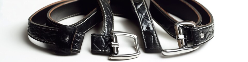 Poster - Pair of black leather belts lying on a white surface, great for backgrounds and still life compositions