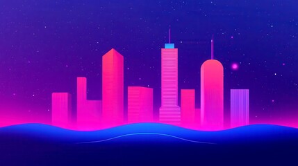 Poster - Cyberpunk Neon Cityscape Doodle, vibrant urban landscape with bright neon colors, minimalist design, spacious and clean aesthetic, inviting imaginative exploration and creativity