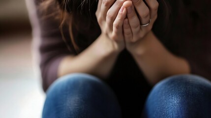 Poster - Close Up of Woman Holding Hands Over Her Knees in Emotional Distress or Sadness : Generative AI