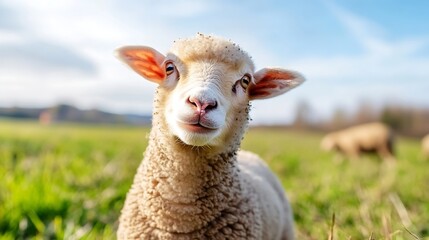 Aufkleber - Closeup of a cheerful sheep grazing in a lush green field under a sunny blue sky : Generative AI