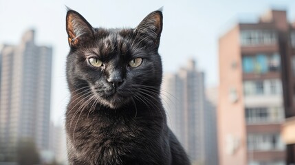 Poster - A domestic black cat sitting comfortably on the top of a window sill, looking outside