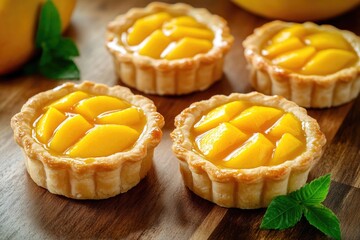 Poster - Freshly baked mini pies filled with fruit, arranged on a wooden table