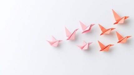 Poster - Origami Birds in Motion, whimsical doodle art capturing the essence of delicate paper creations, set against a minimalist backdrop with ample free space for imagination.