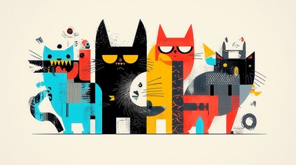 Poster - Stitched Doodle Creatures, whimsical patchwork beings intertwined in a minimalist setting, showcasing vibrant colors against a clean backdrop, inviting imagination and creativity.