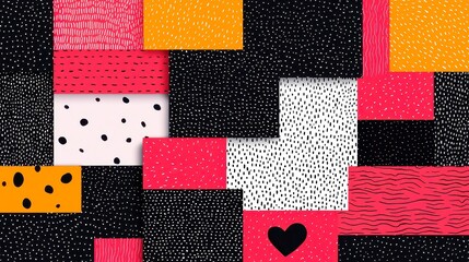 Poster - Dream Fragment Quilt, a vibrant patchwork of whimsical doodle art, set against a minimalist backdrop, emphasizing simplicity and open space for a serene atmosphere